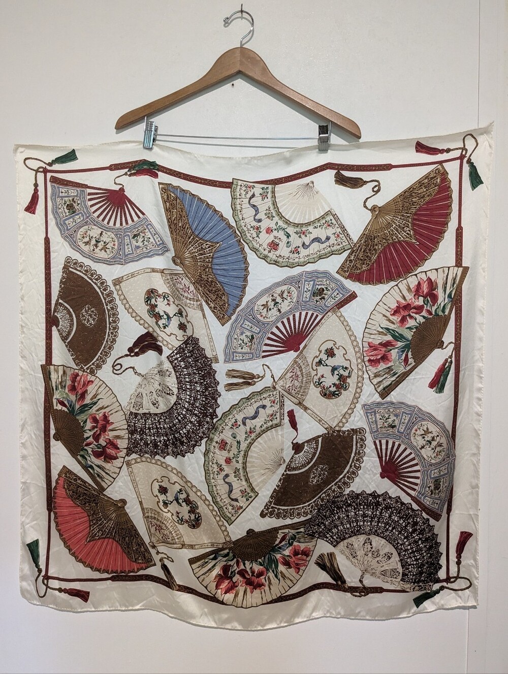 Large Vintage Silky Scarf Fans Square 35in X 35.5